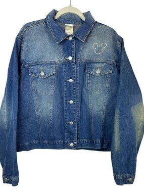 Vtg Disney Direct Women's XL Mickey Mouse Rhinestone Jean Jacket  Distressed
